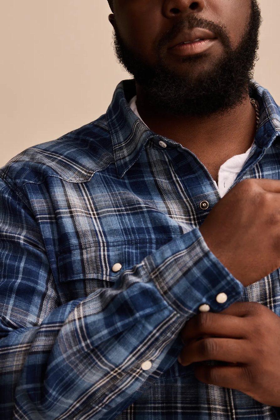 BIG & TALL INDIGO PLAID WESTERN LONG SLEEVE SHIRT — DARK INDIGO — image 2