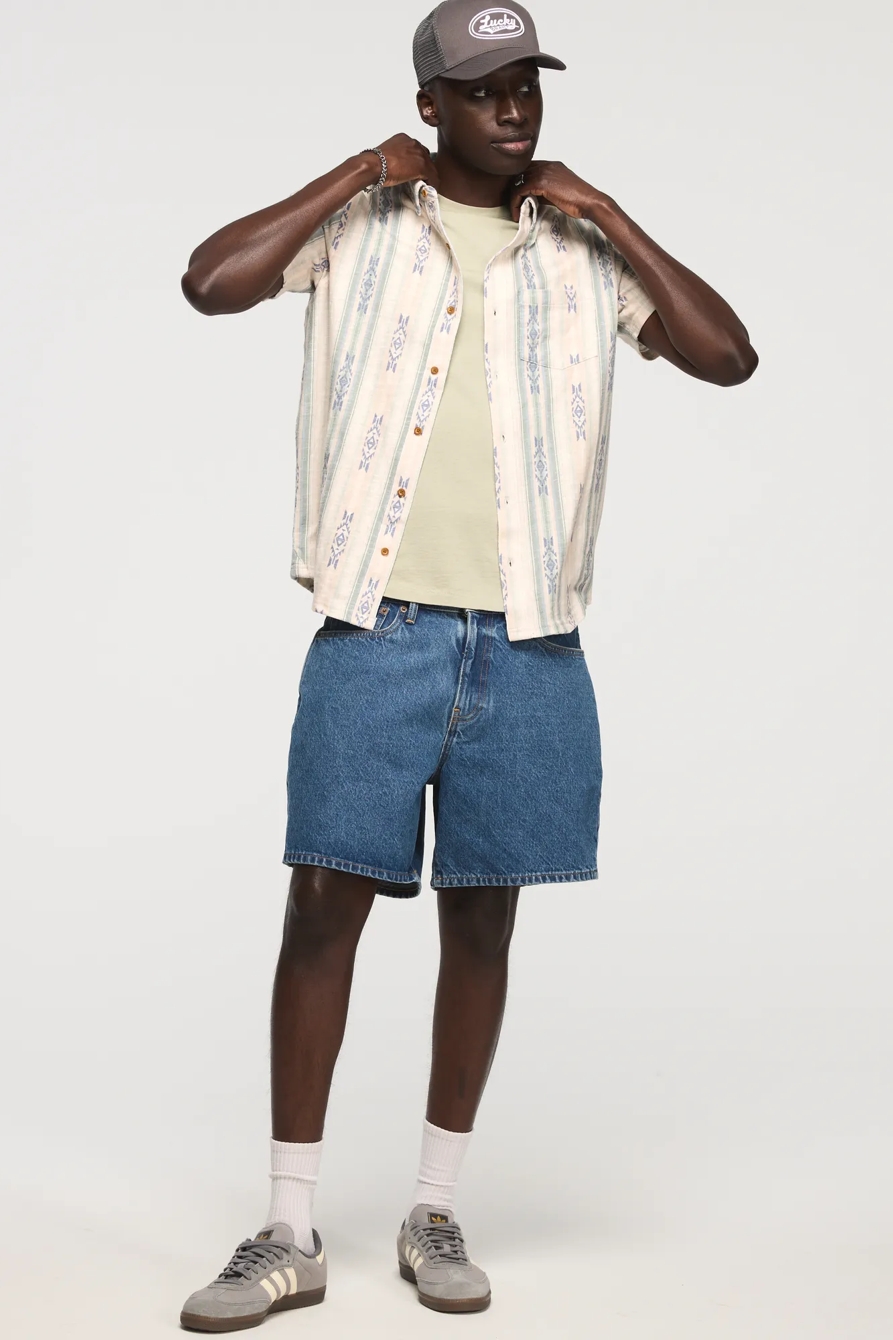 STRIPED LINEN SHORT SLEEVE BUTTON UP SHIRT — GREEN MULTI — image 6