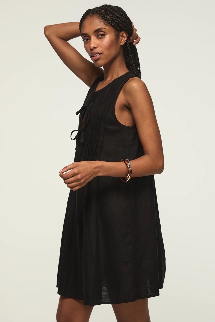 PLEATED TIE NECK MINI DRESS — CAVIAR — image 4