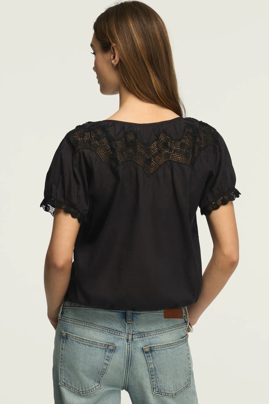 CROCHET PUFF SLEEVE BUTTON UP TOP — CAVIAR — image 3