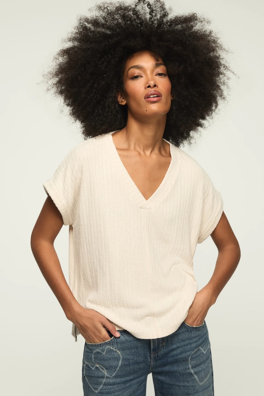 CLOUD DOLMAN V-NECK TEE — STRAW HEATHER — image 2