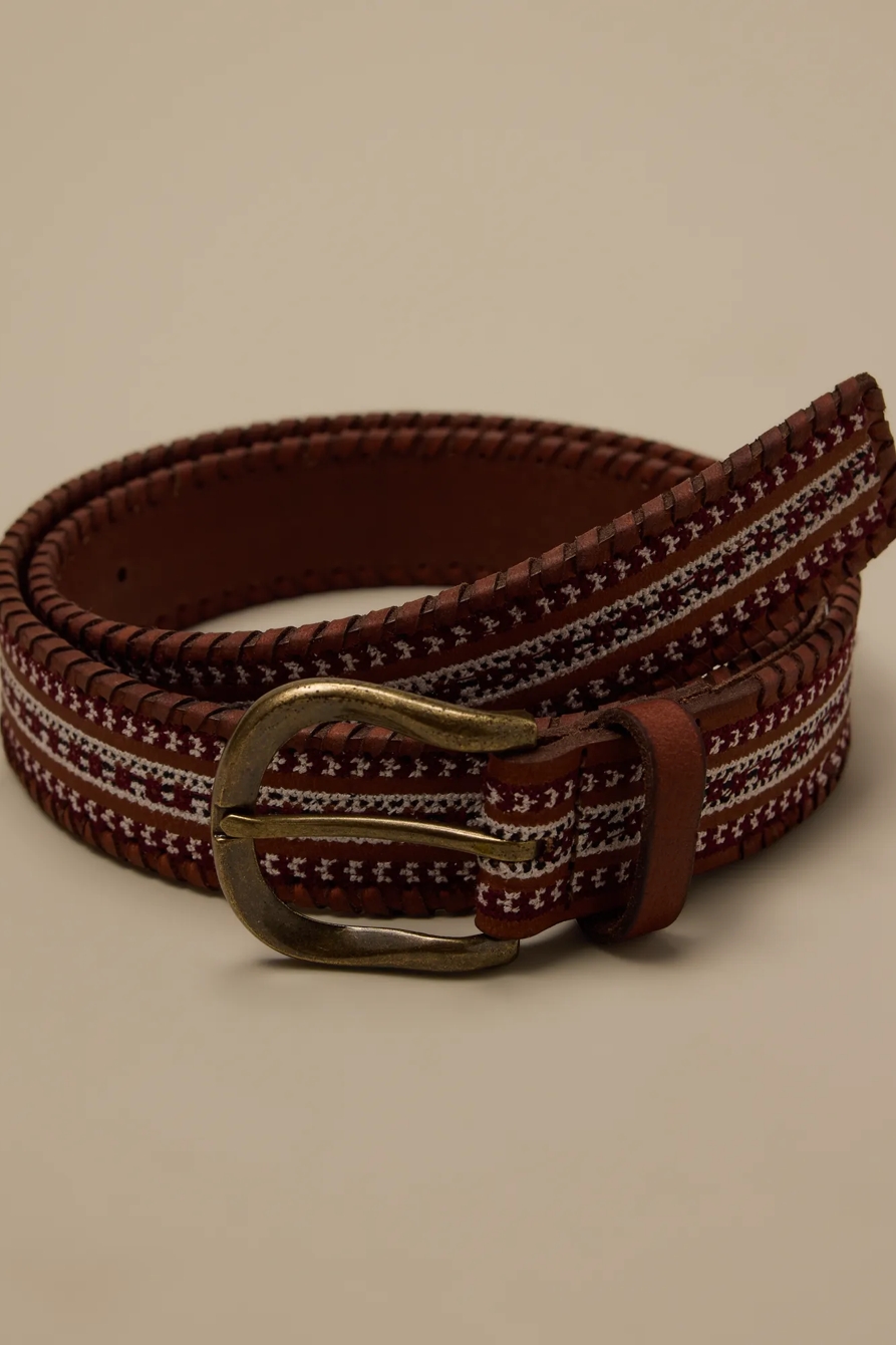 LEATHER LACED AND EMBROIDERED BELT — BROWN — image 1