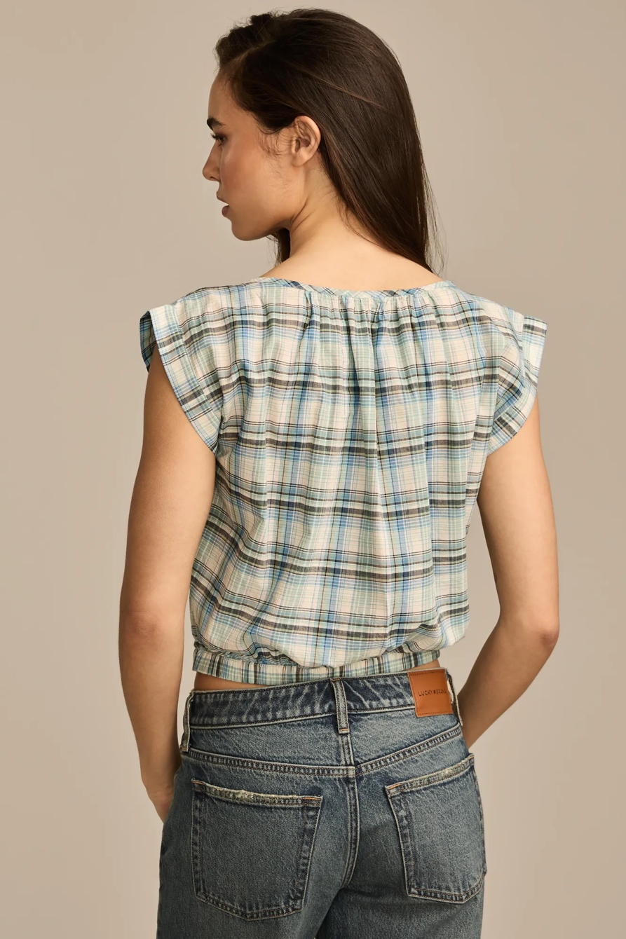 SLEEVELESS BUTTON DOWN BLOUSE — BLUE PLAID — image 4