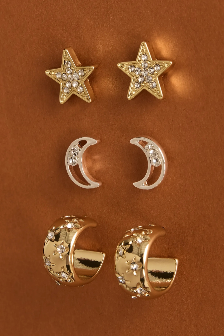 STAR AND MOON STUD AND HOOP EARRING SET — TWO TONE — image 1