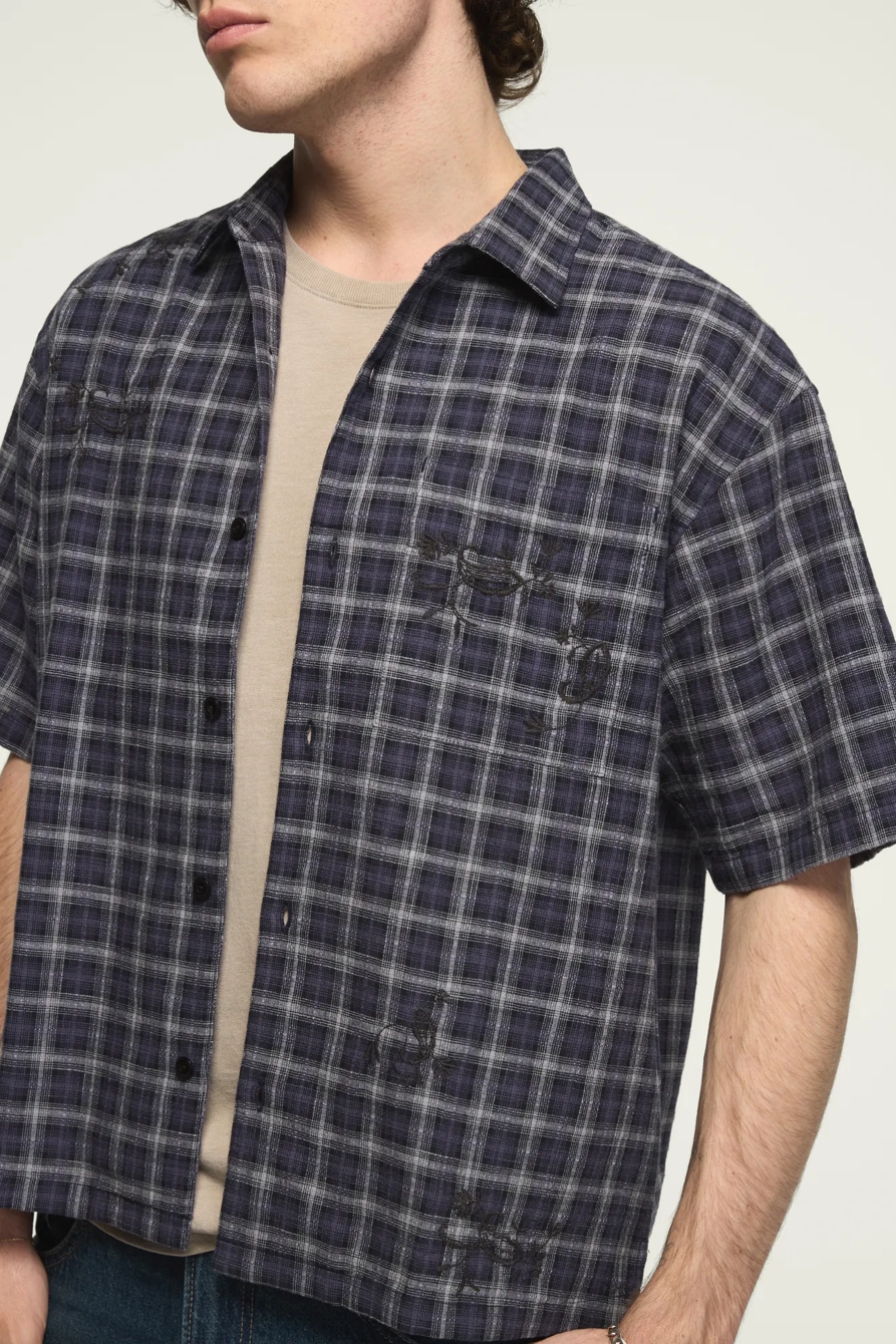 EMBROIDERED PLAID SHORT SLEEVE BOXY SHIRT — NAVY MULTI PLAID — image 2