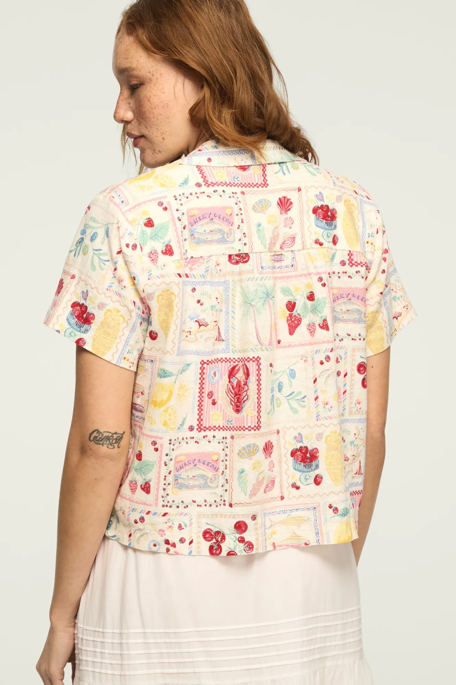 PRINTED LINEN CAMP SHIRT — MULTI POSTCARD — image 3