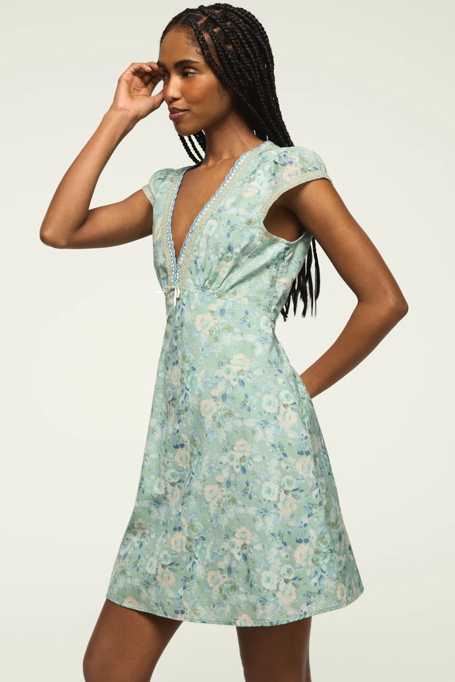 CAP SLEEVE PRINTED MINI DRESS — BLUE FLORAL — image 4