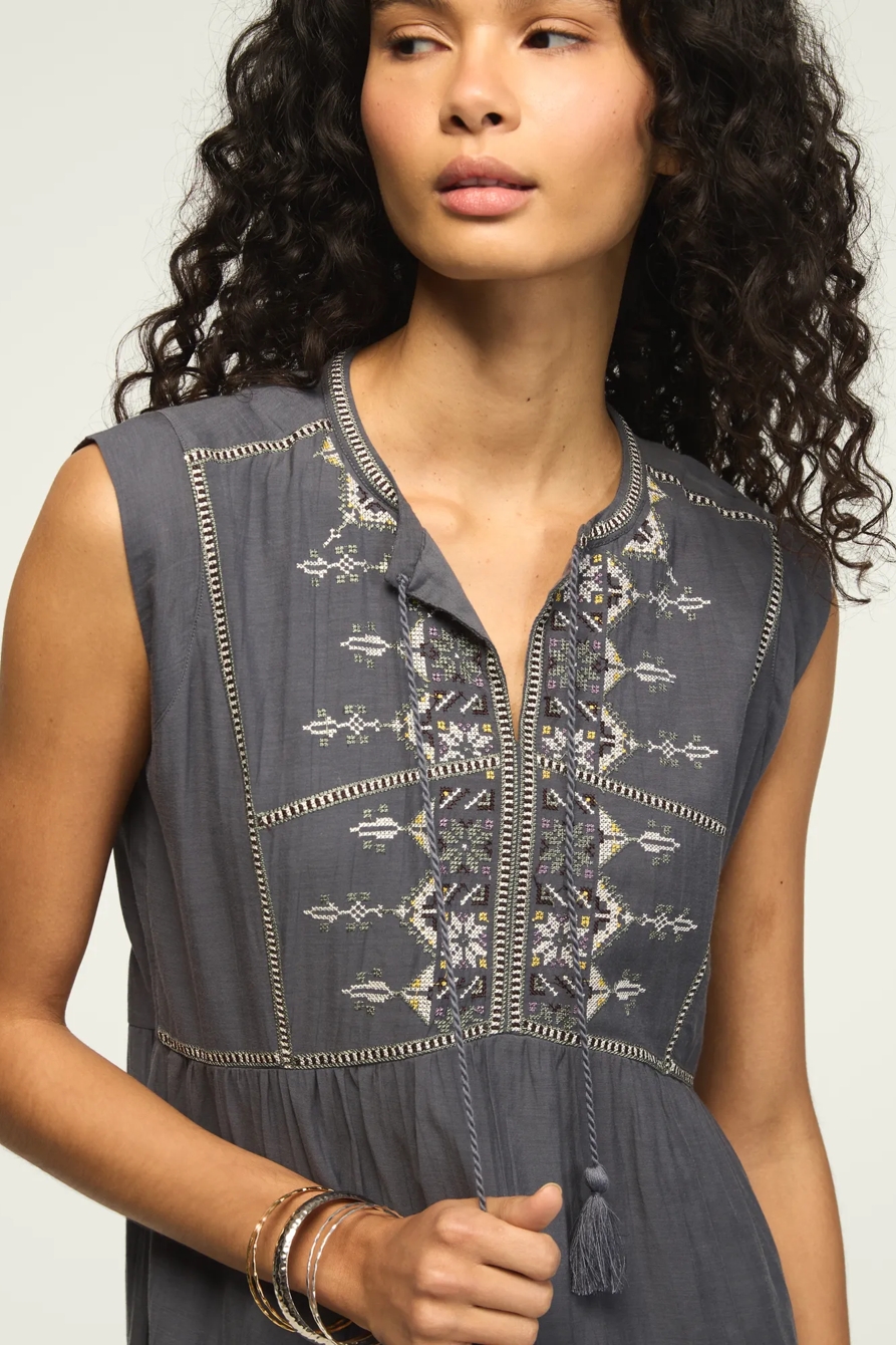 EMBROIDERED YOKE NOTCH NECK MINI DRESS — TURBULENCE — image 2