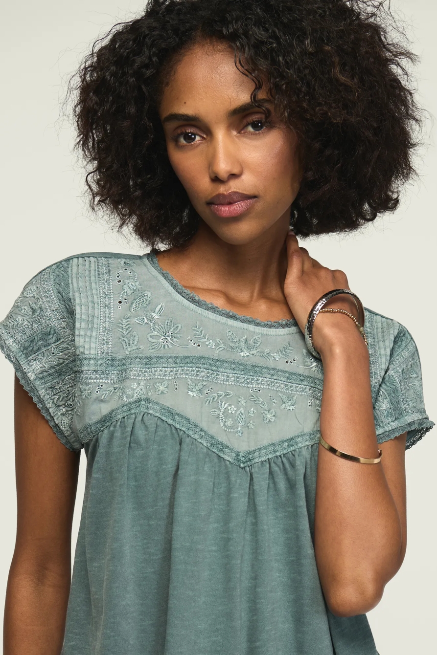 EMBROIDERED DOLMAN YOKE TOP — CAMEO BLUE — image 2