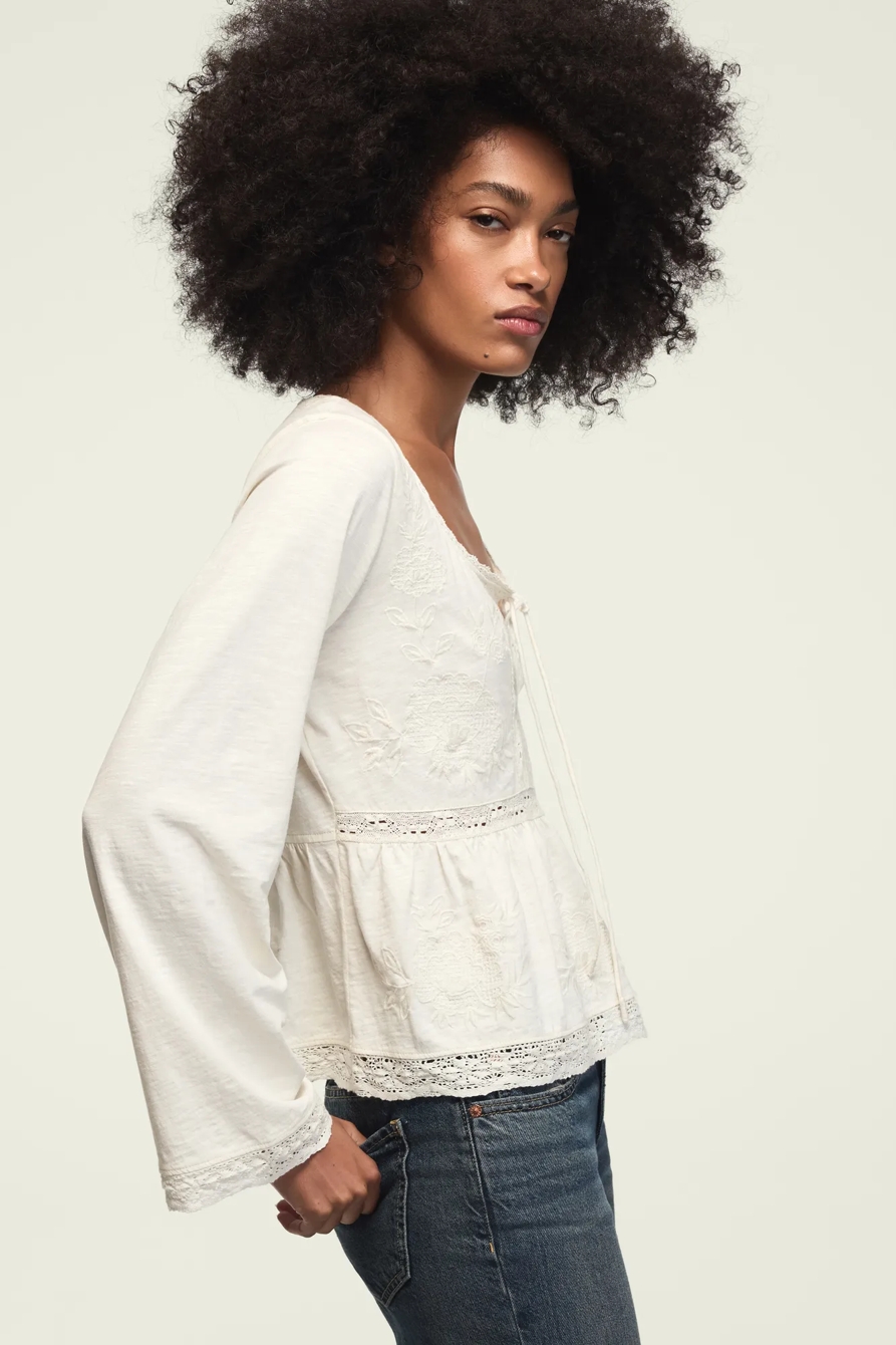 TRIM MIX BABYDOLL TOP — GARDENIA — image 4