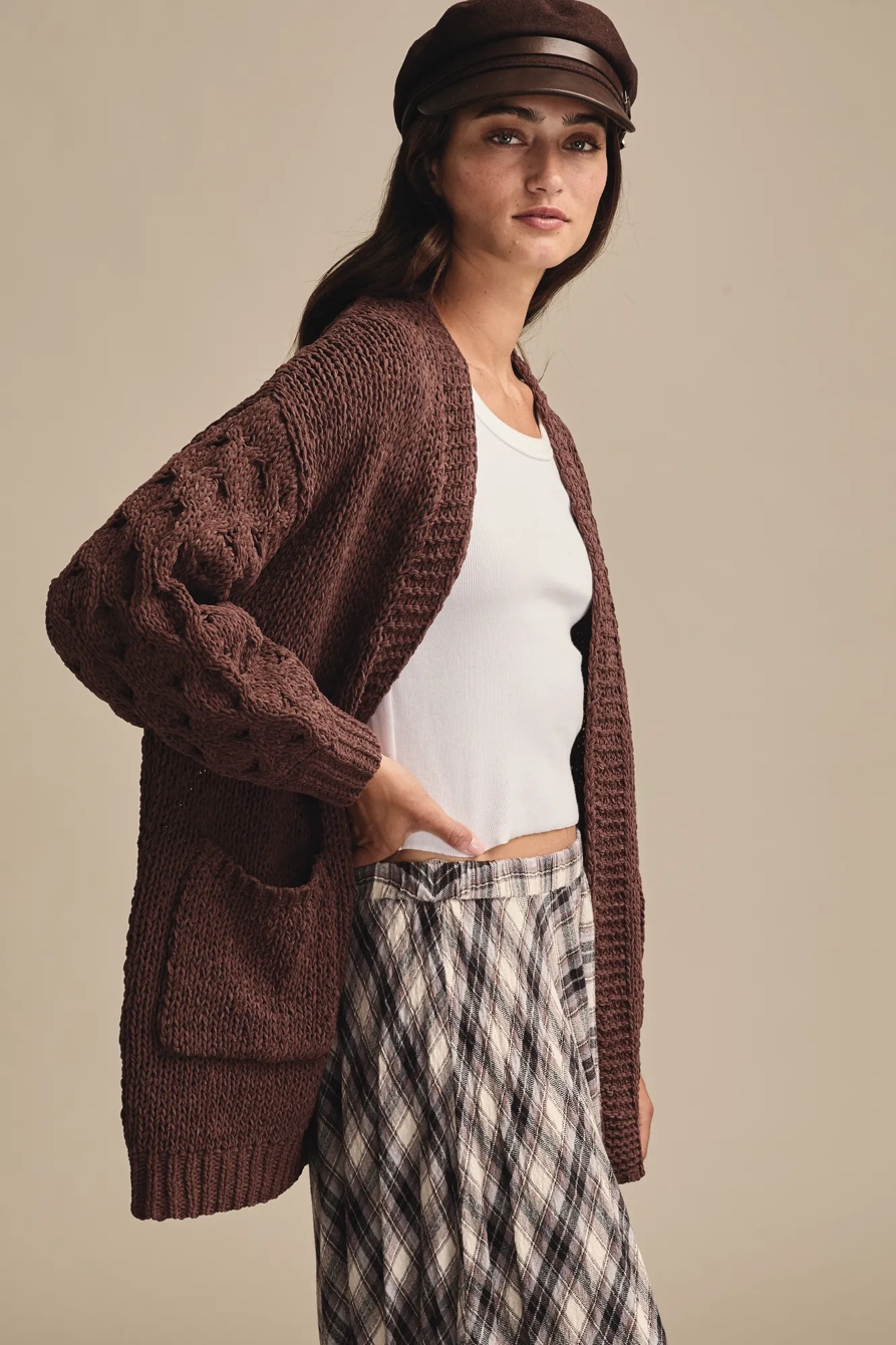 TEXTURED SLEEVE CARDIGAN — Bitter Chocolate — image 4