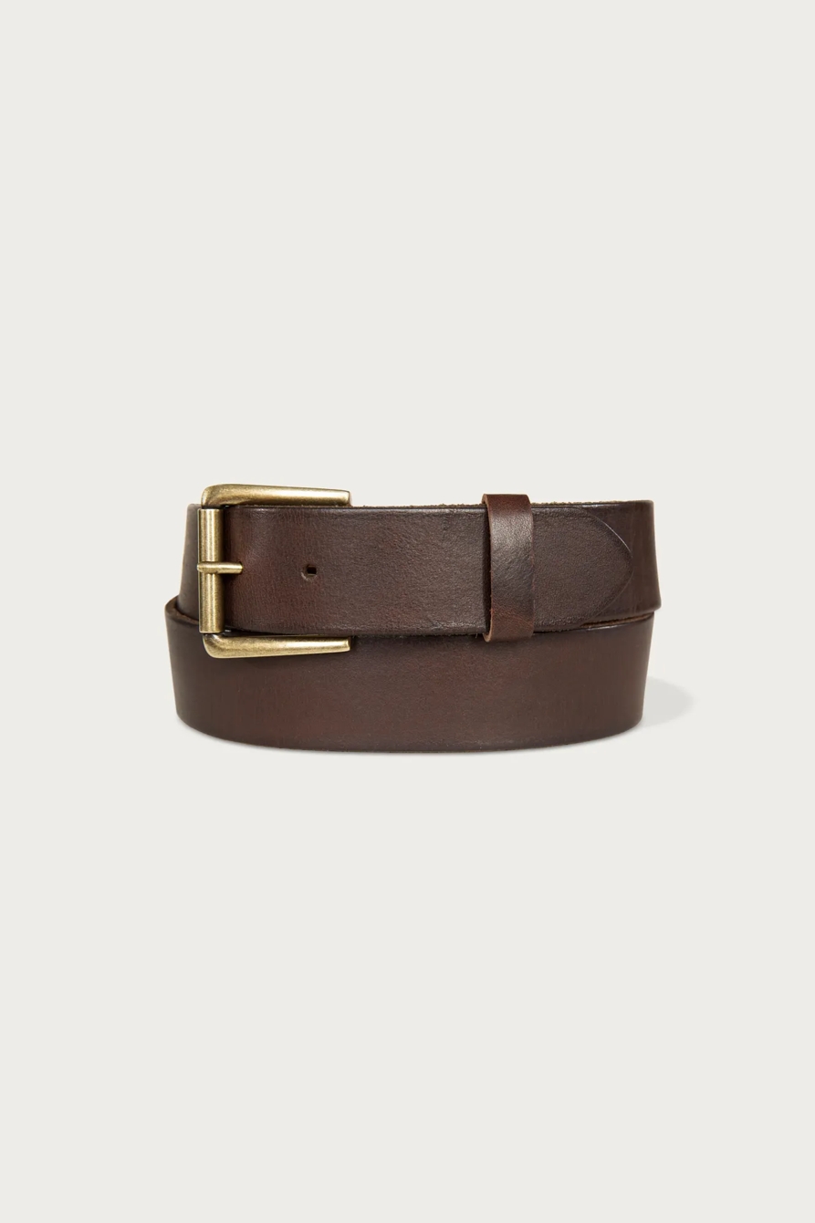 LEATHER JEAN BELT WITH ROLLER BUCKLE AND RIVETS — DARK BROWN — image 1