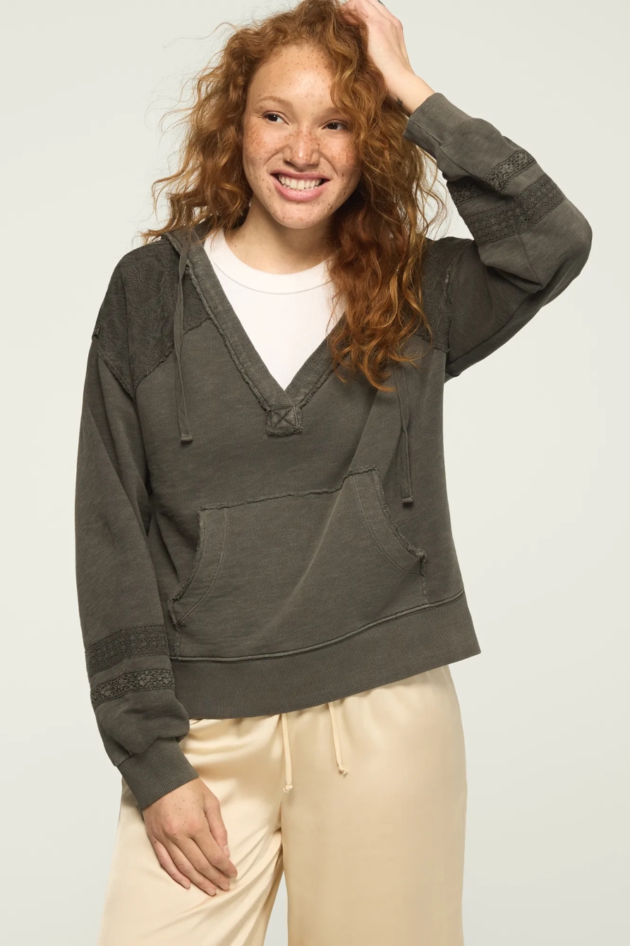 LACE TRIM MIX FLEECE HOODIE — RAVEN — image 5