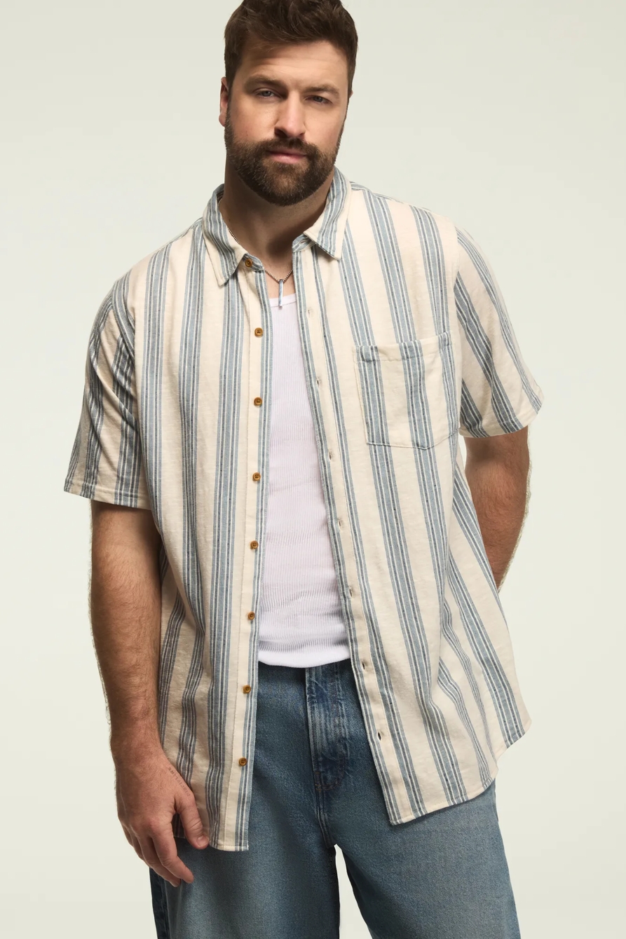 BIG AND TALL LINEN SHORT SLEEVE OMBRE STRIPE SHIRT — BLUE MULTI — image 1