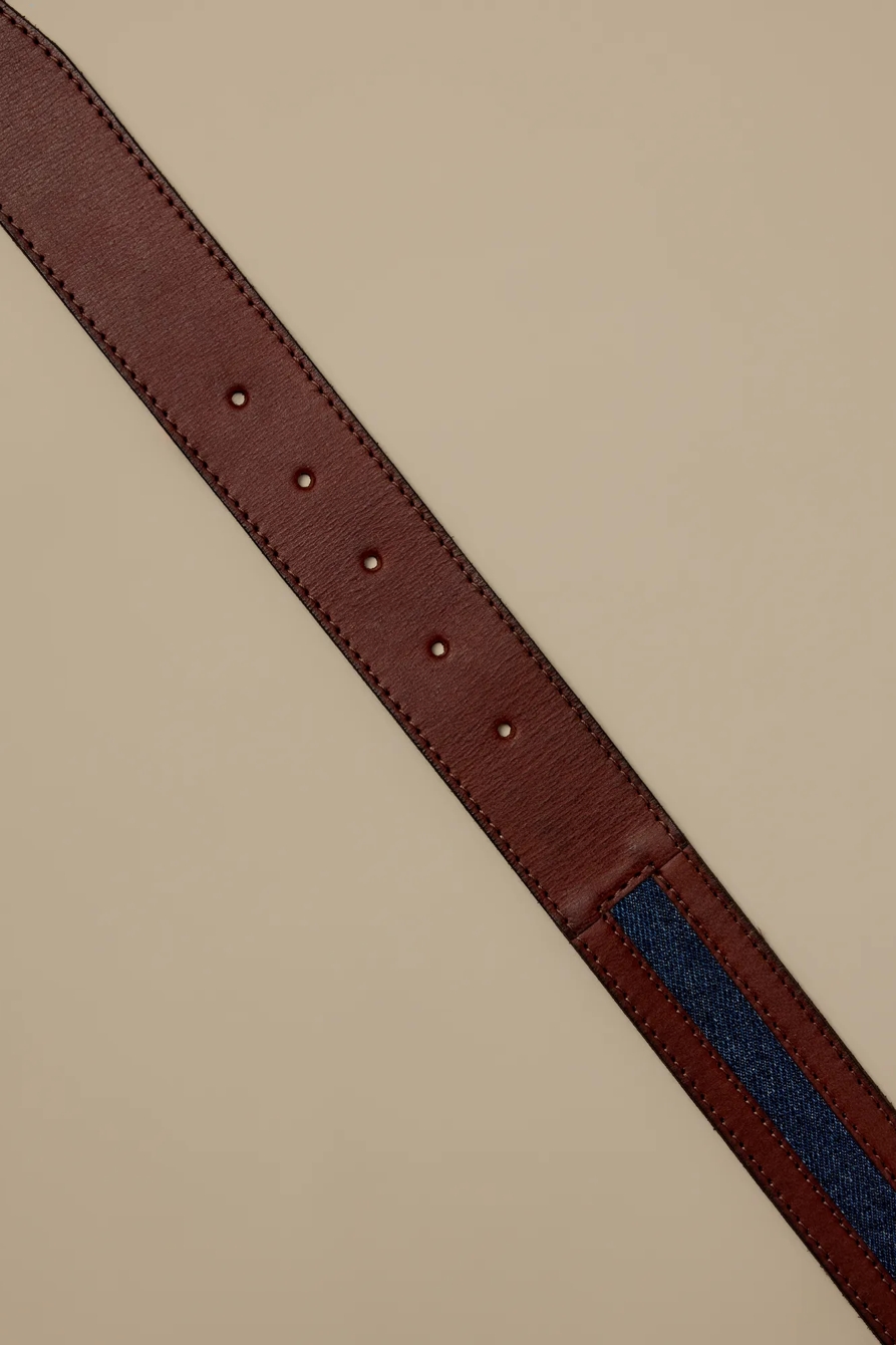 DENIM INLAY LEATHER BELT — DARK BROWN — image 2