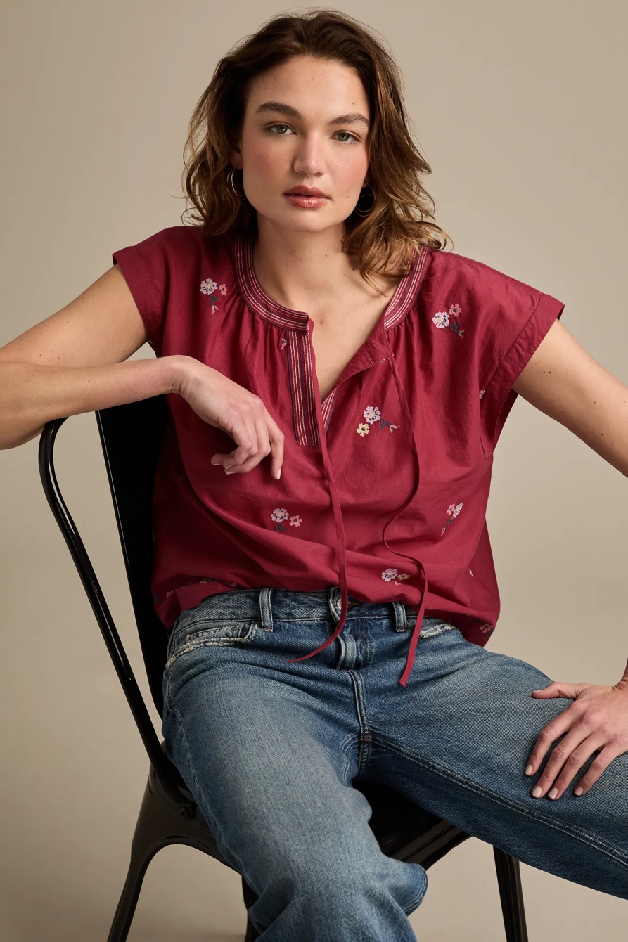 EMBROIDERED SWING BLOUSE — BURGUNDY — image 5
