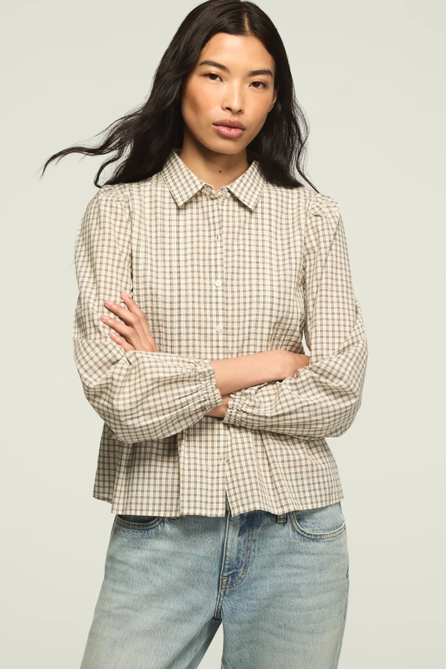 NOVELTY PINTUCK BLOUSE — CREAM PLAID — image 1