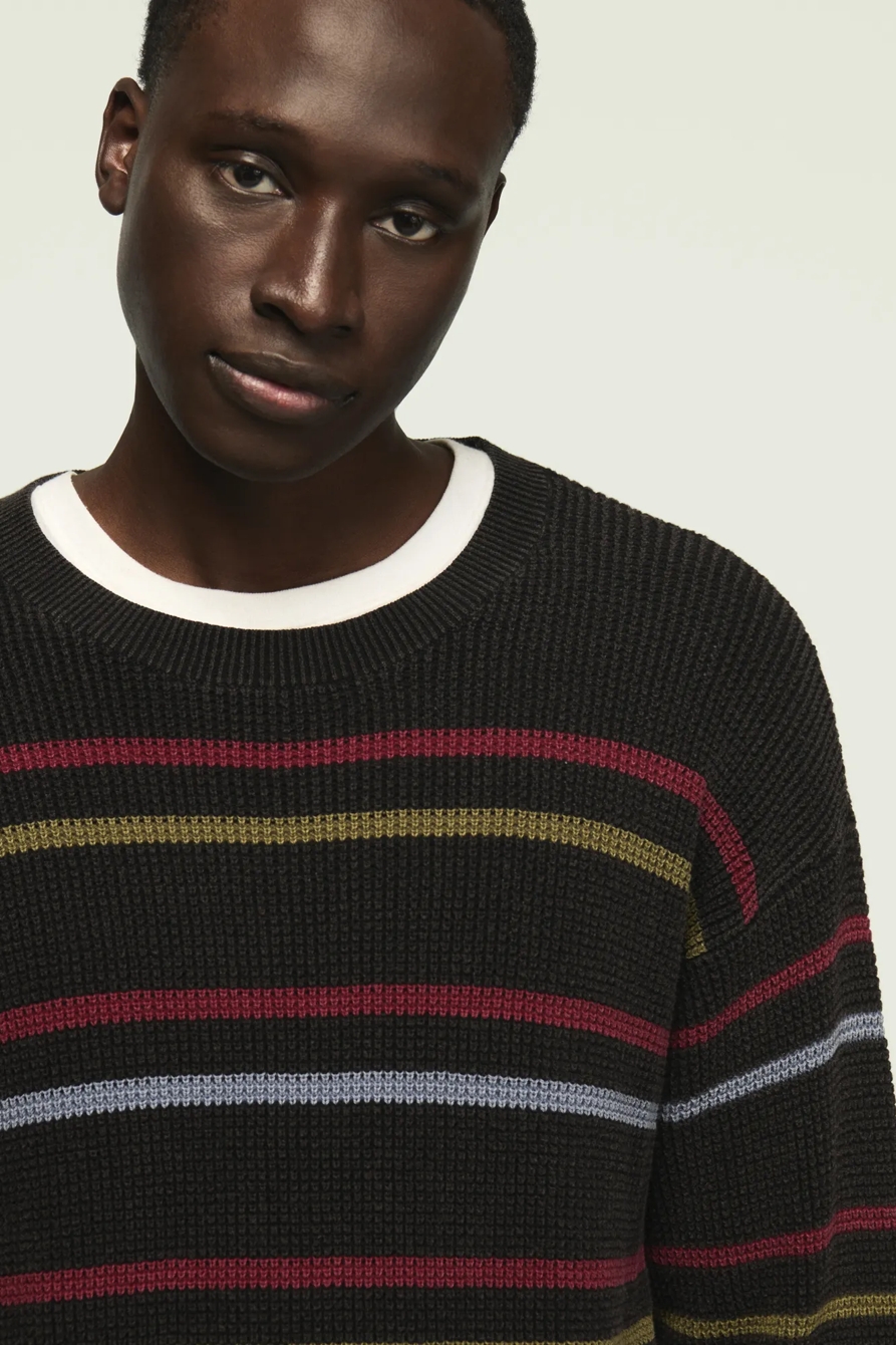 STRIPED WASHED TEXTURED CREW NECK SWEATER — CAVIAR — image 3