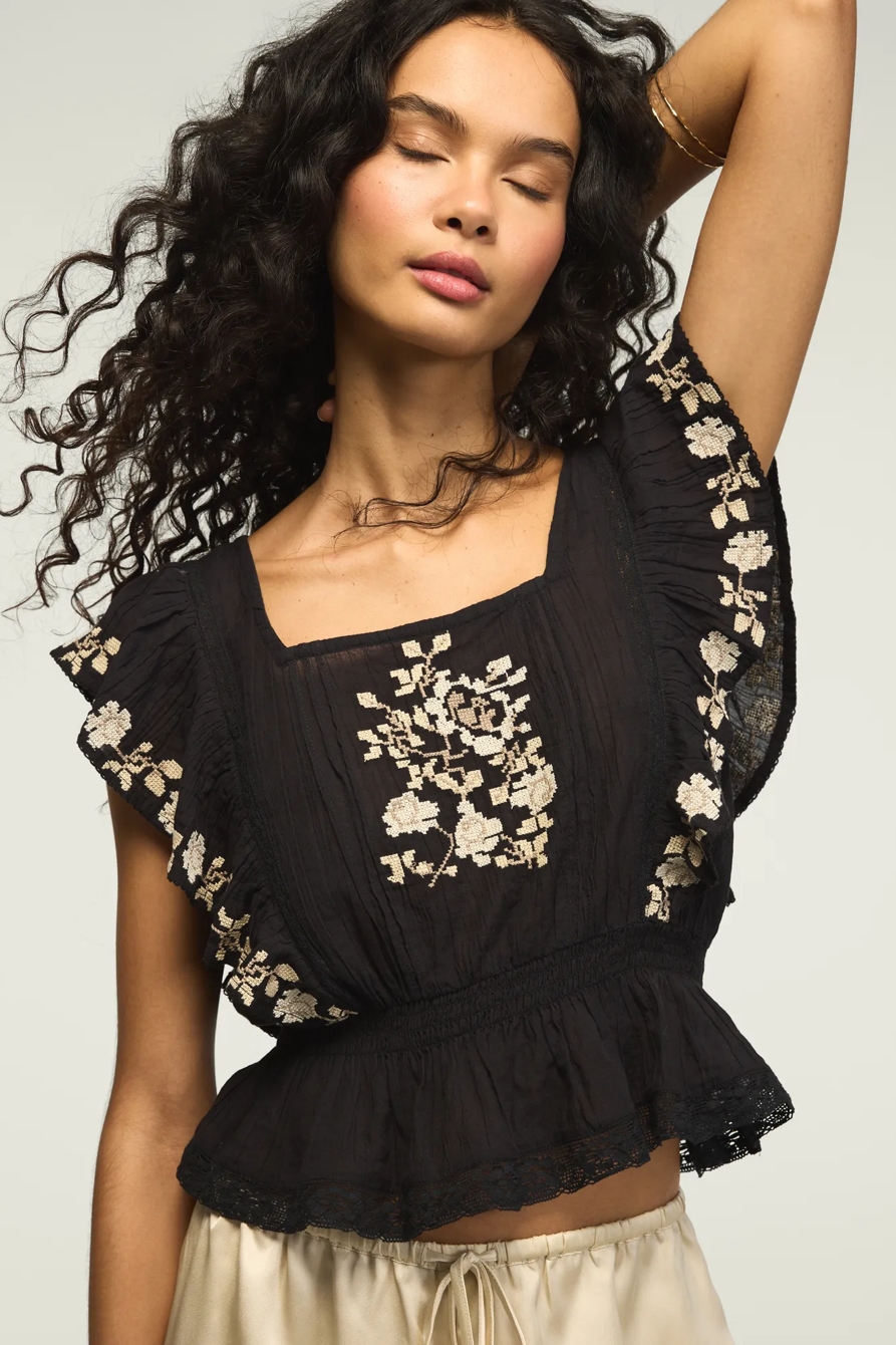 CONTRAST EMBROIDERED RUFFLE TOP — CAVIAR — image 1