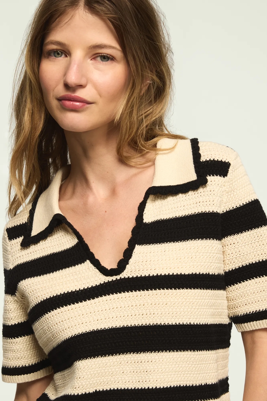 CROCHET STRIPED POLO SWEATER — WHITECAP GRAY — image 2