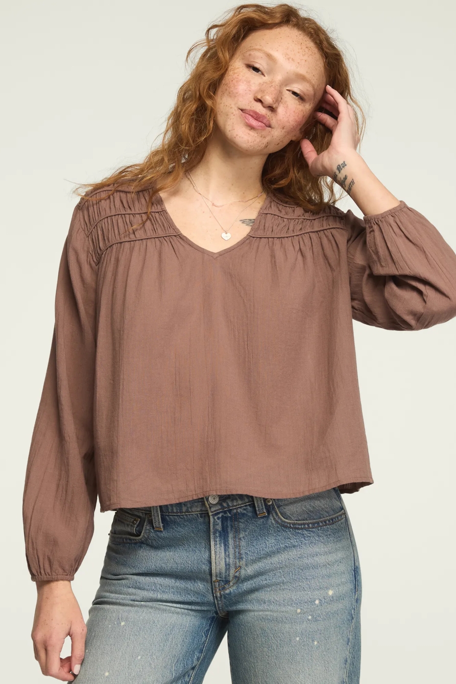 LONG SLEEVE RUCHED PEASANT TOP — DEEP TAUPE — image 1