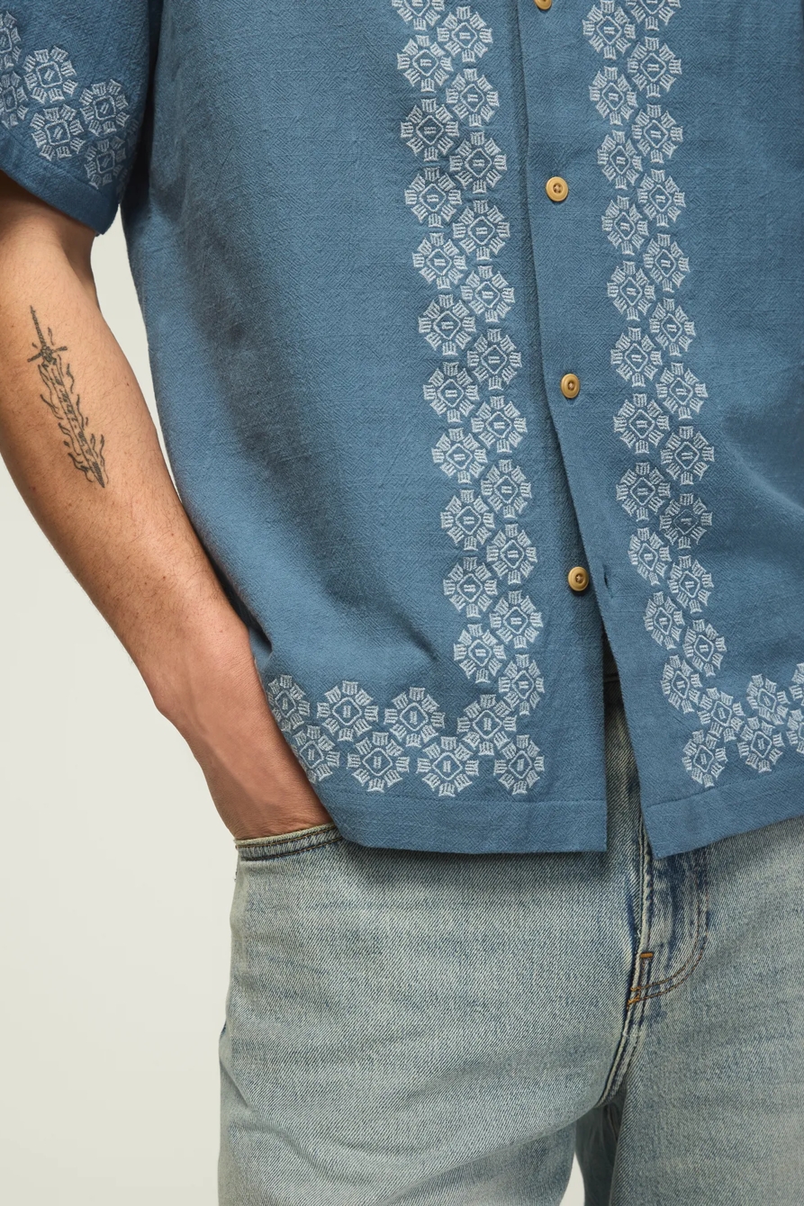SHORT SLEEVE EMBROIDERED CAMP COLLAR SHIRT — CAPTAIN'S BLUE — image 2