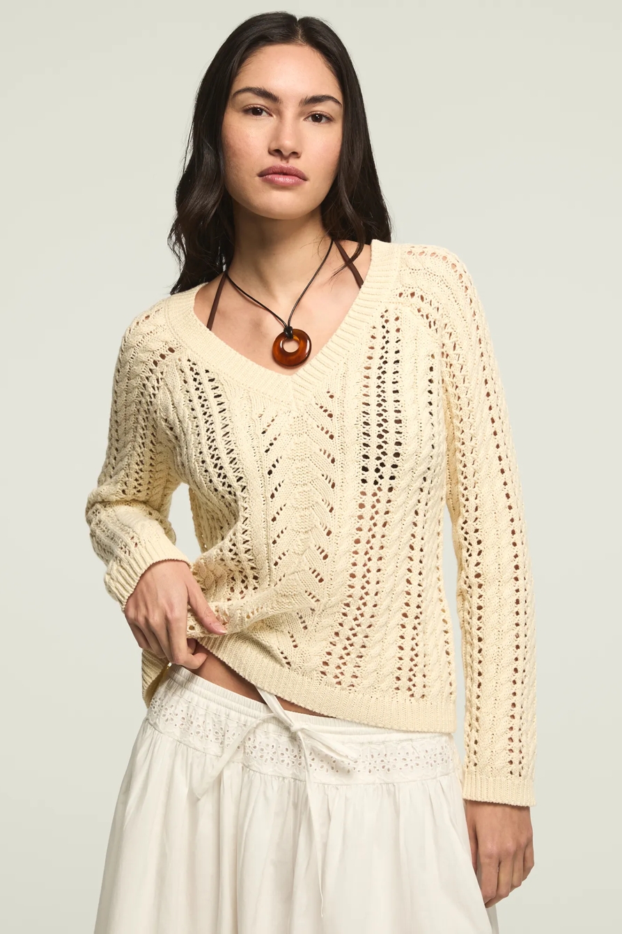 OPEN CABLE V NECK SWEATER — LEMON ICING — image 1