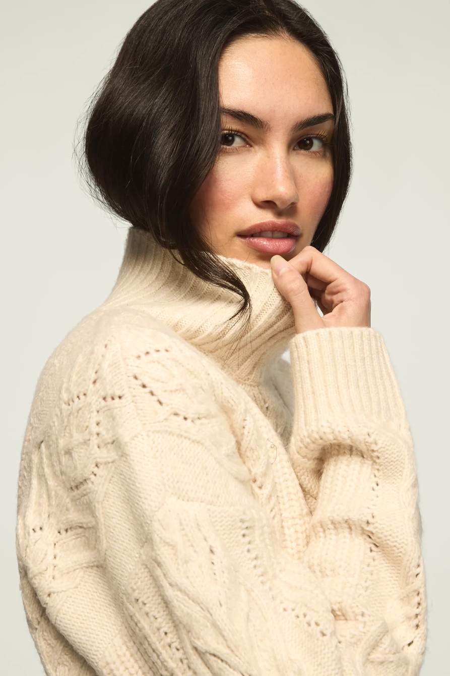 OPEN CABLE MOCK NECK SWEATER — WHITECAP GRAY — image 6