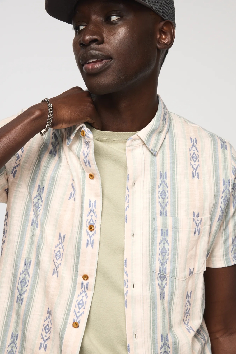 STRIPED LINEN SHORT SLEEVE BUTTON UP SHIRT — GREEN MULTI — image 2