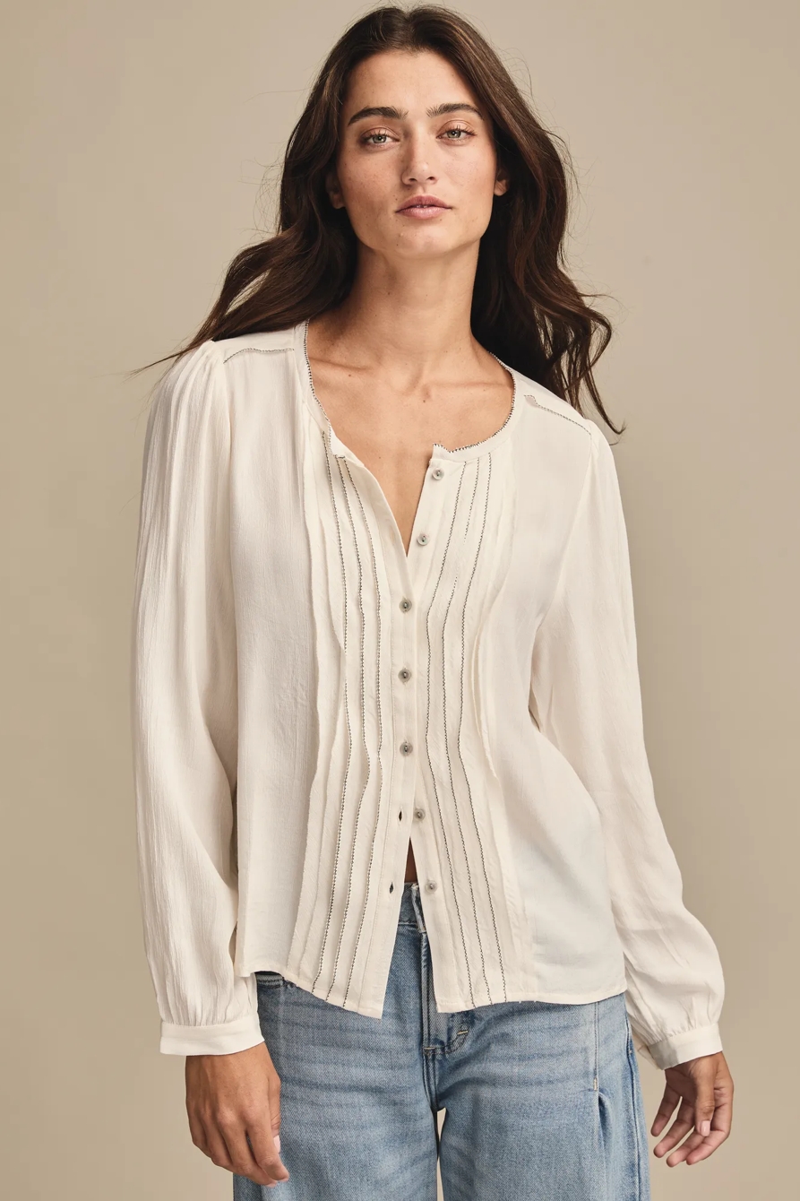 CONTRAST STITCH PEASANT TOP — WHISPER WHITE — image 1
