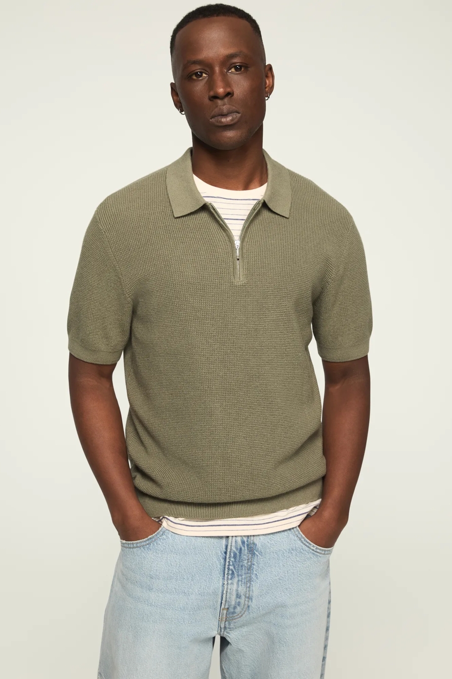 SHORT SLEEVE QUARTER ZIP POLO SWEATER — SEA SPRAY — image 1