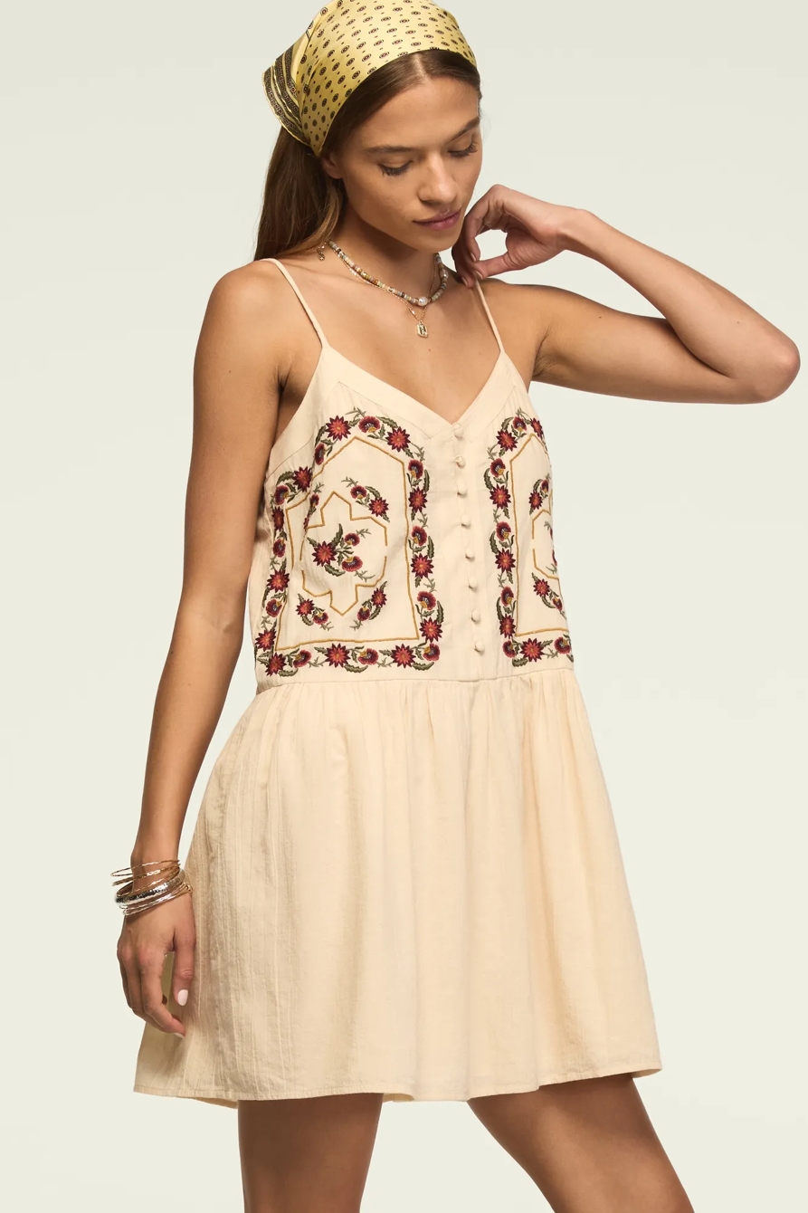 CONTRAST EMBROIDERED BUTTON FRONT MINI DRESS — GARDENIA — image 1