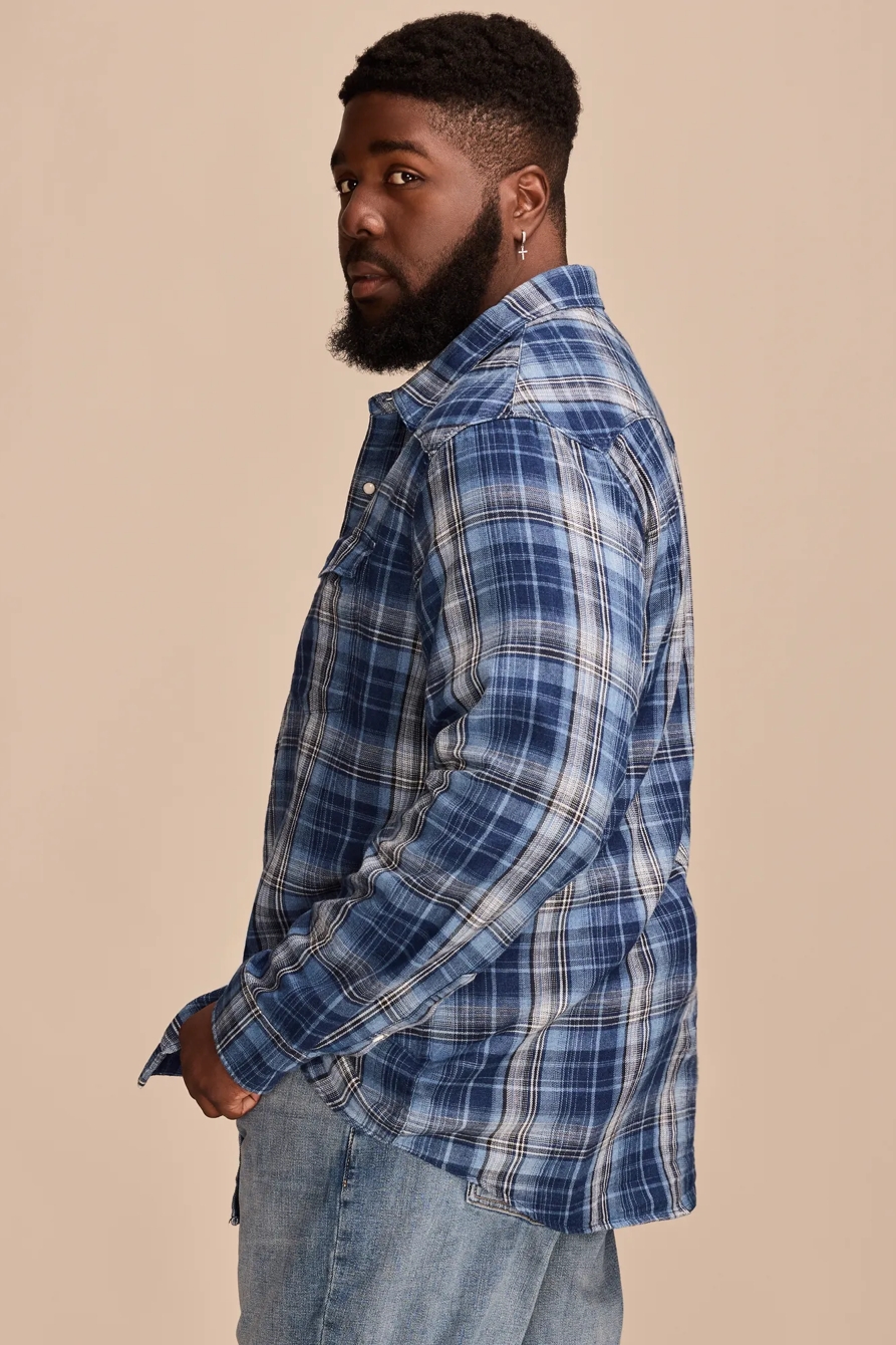 BIG & TALL INDIGO PLAID WESTERN LONG SLEEVE SHIRT — DARK INDIGO — image 3
