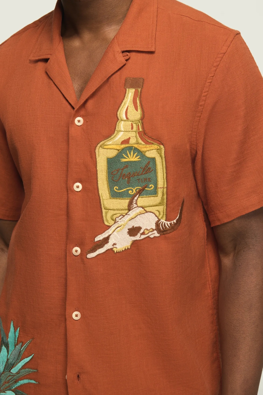 SHORT SLEEVE EMBROIDERED CAMP COLLAR SHIRT — GINGER BREAD — image 2