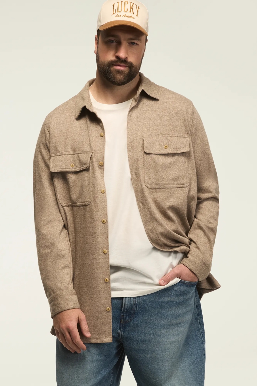 BIG AND TALL DOUBLE FACED SOFT PLAID KNIT SHIRT — TAUPE HEATHER — image 1
