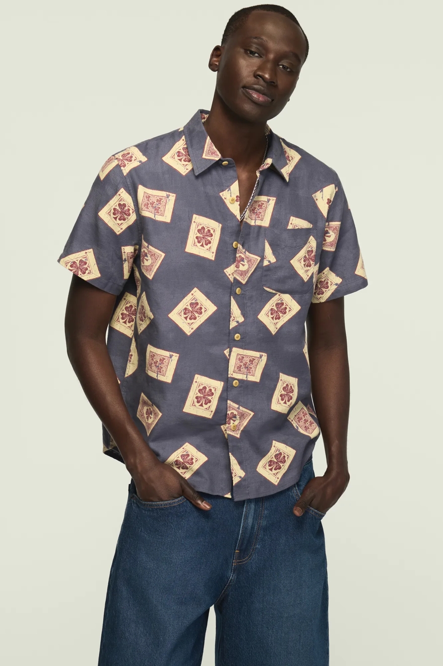 SHORT SLEEVE PRINTED CAMP COLLAR SHIRT — BLUE MULTI — image 1