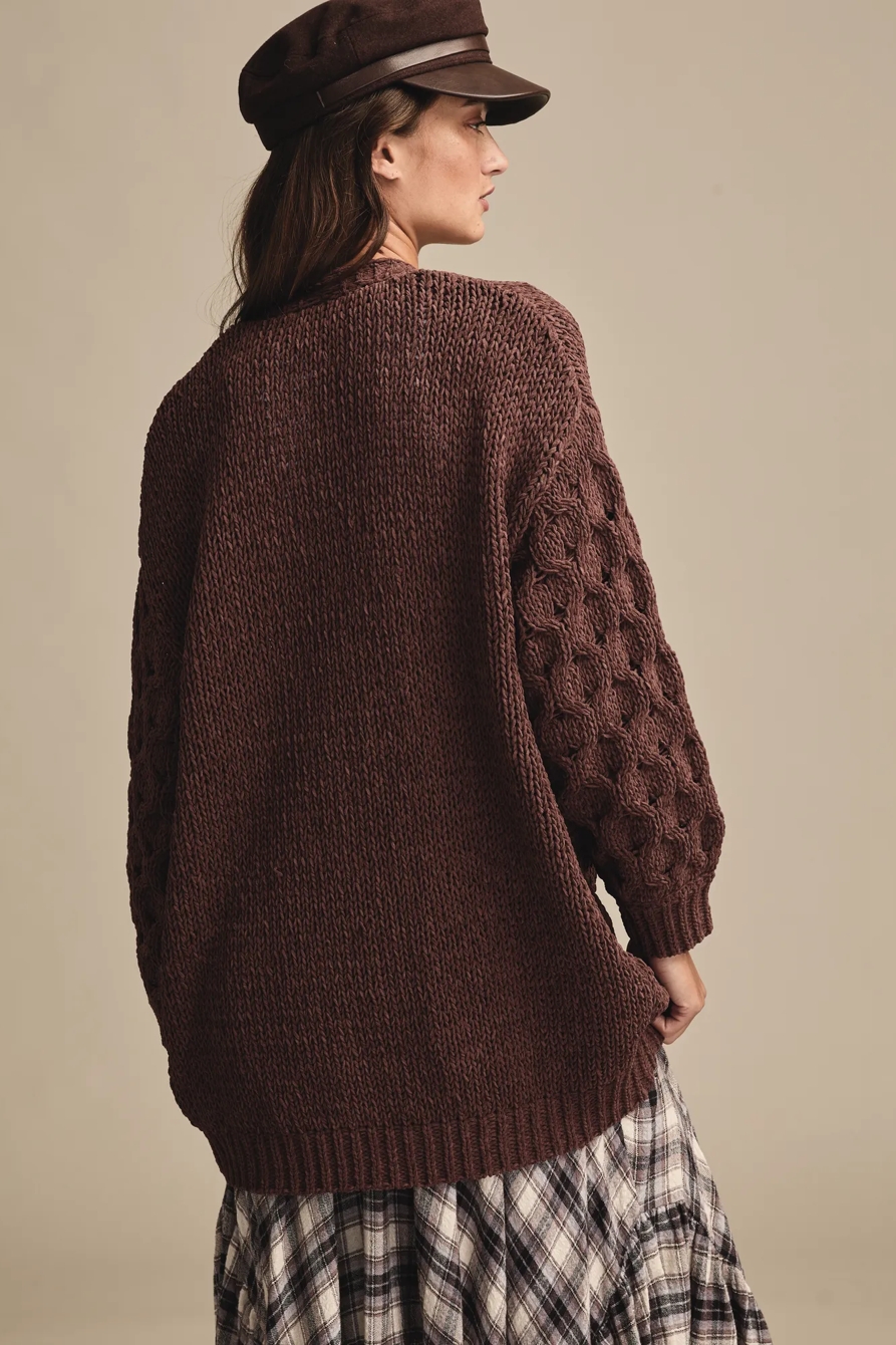 TEXTURED SLEEVE CARDIGAN — Bitter Chocolate — image 3
