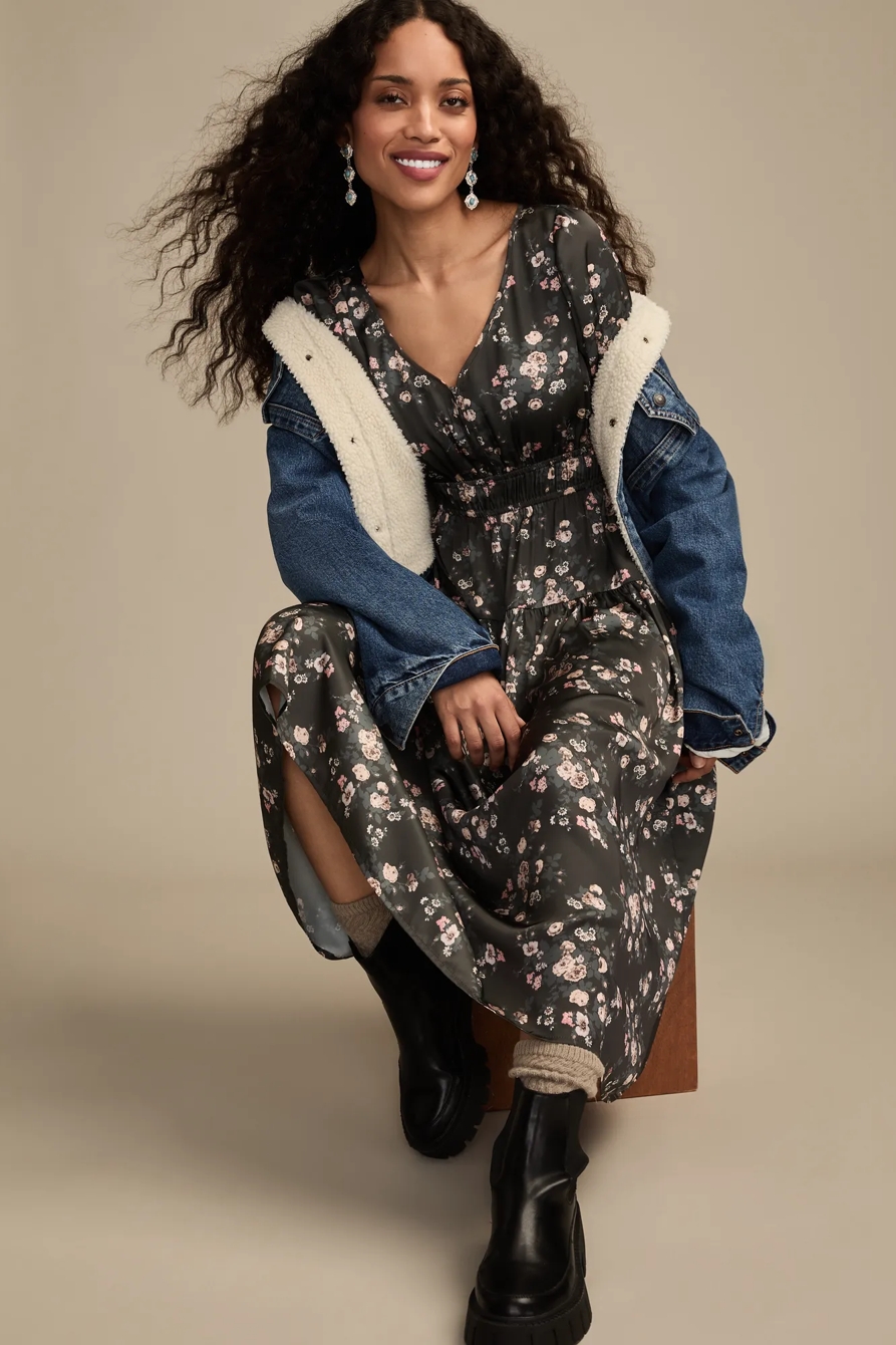 LONG SLEEVE FLORAL MIDI DRESS — WASHED BLACK FLORAL — image 2