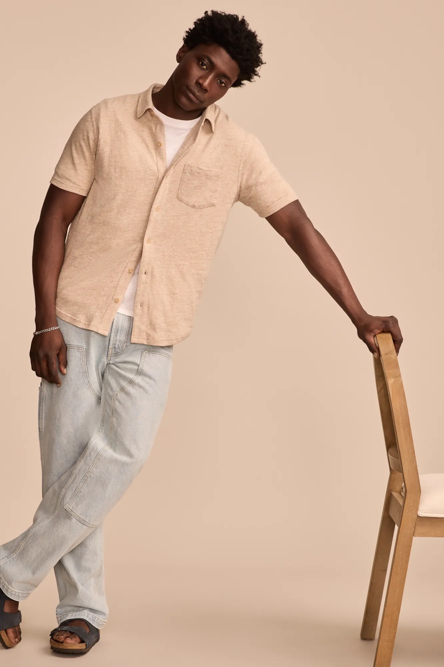 LINEN SHORT SLEEVE BUTTON UP SHIRT — Plaza Taupe — image 1