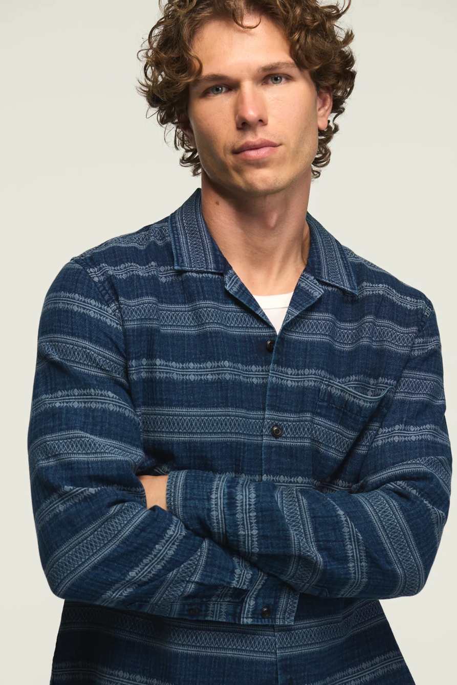 LONG SLEEVE INDIGO JACQUARD CAMP COLLAR SHIRT — INDIGO — image 5