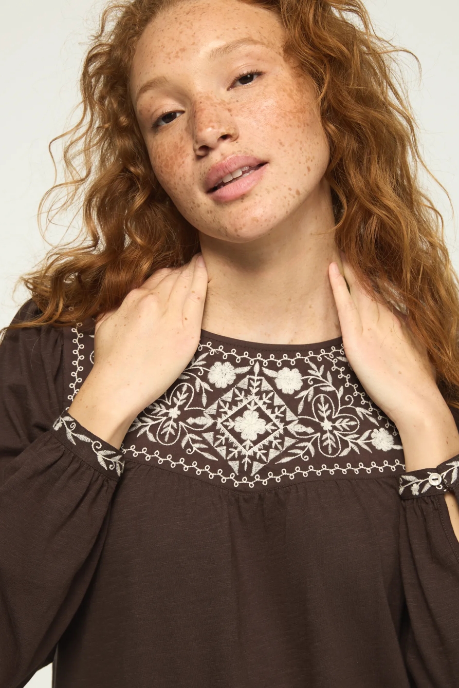 EMBROIDERED YOKE PEASANT TOP — RAVEN — image 5