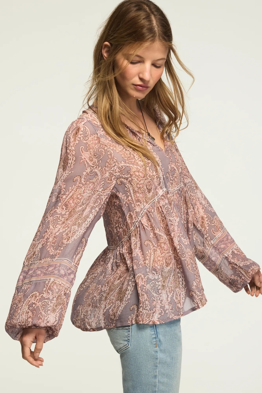LONG SLEEVE PAISLEY PRINT MIX PEASANT TOP — PURPLE PAISLEY — image 5