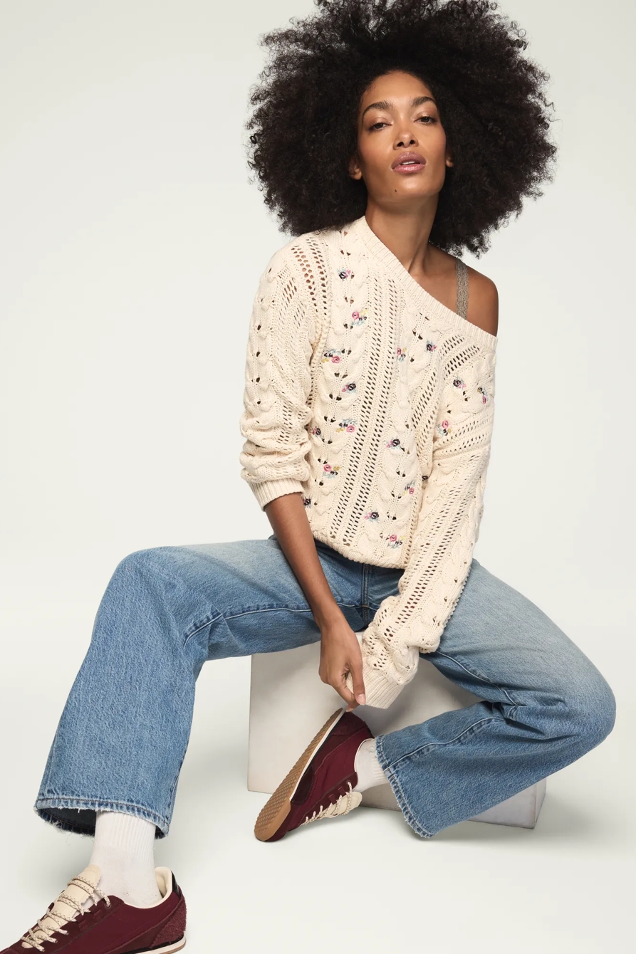 FLORAL EMBROIDERED CREW NECK SWEATER — WHITECAP GRAY — image 5