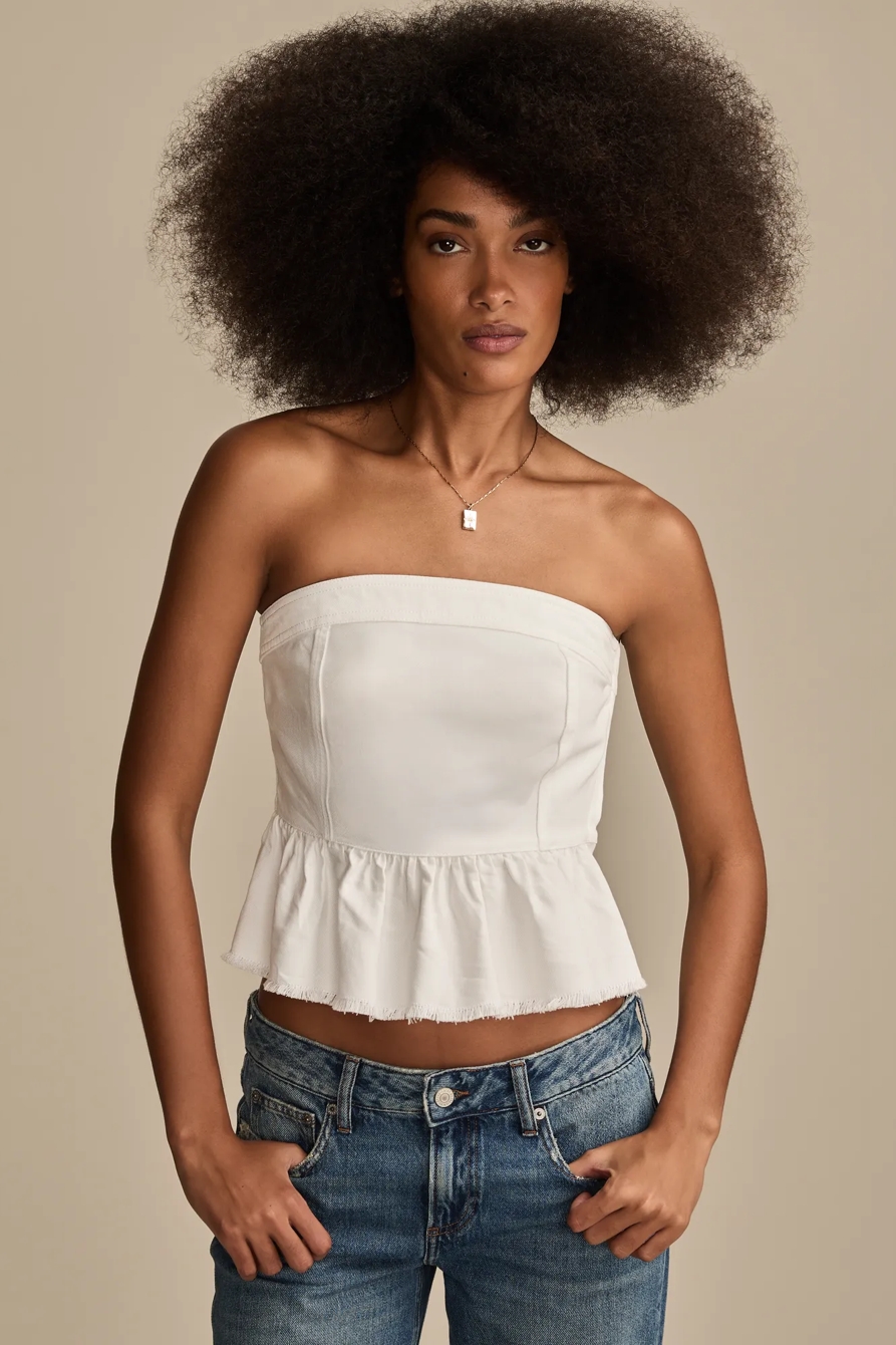 DENIM STRAPLESS PEPLUM TOP — WHITE LIES WASH — image 1
