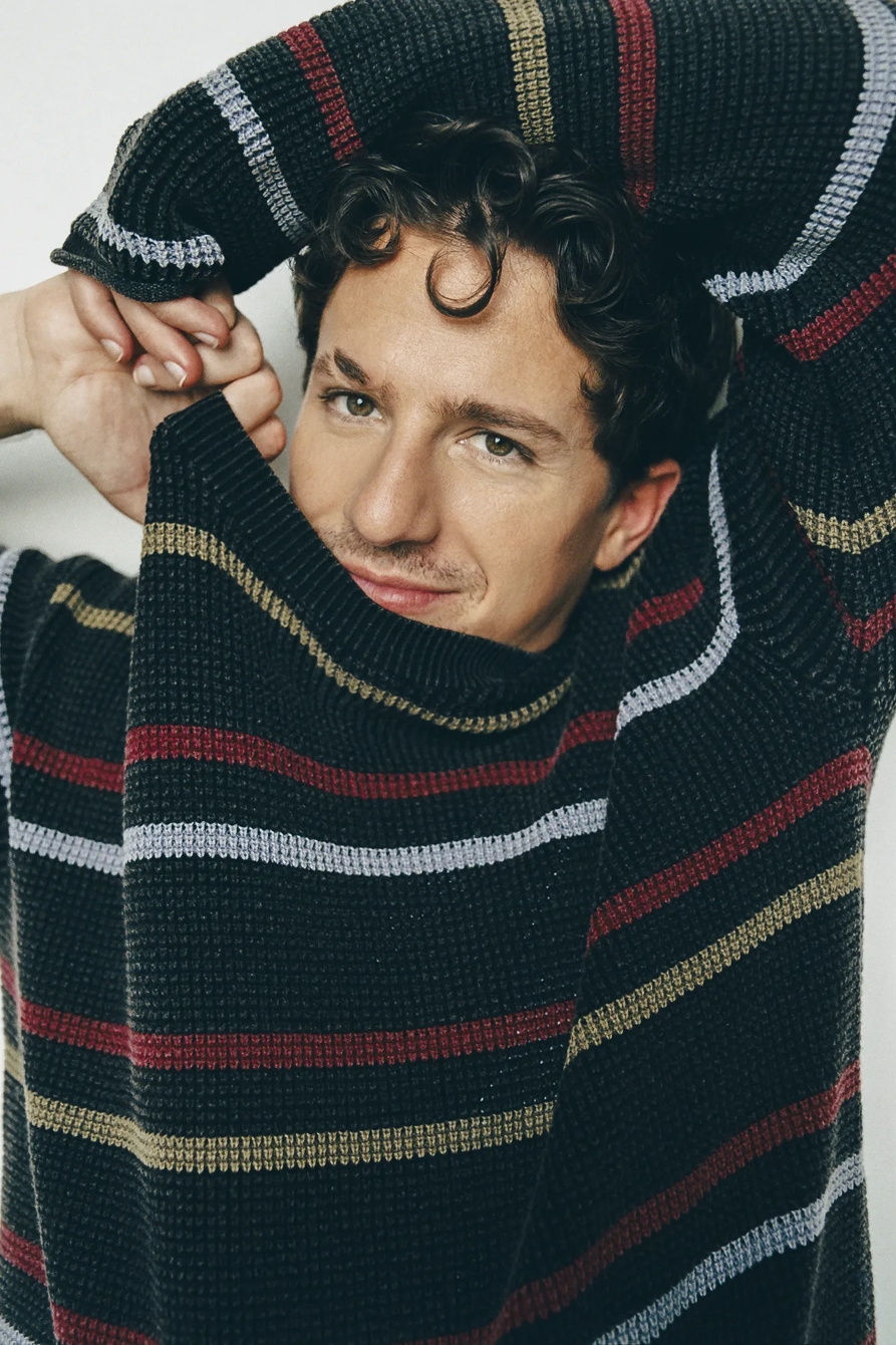 STRIPED WASHED TEXTURED CREW NECK SWEATER — CAVIAR — image 1