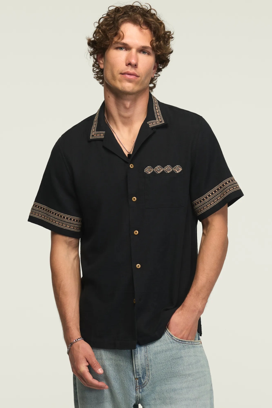 SHORT SLEEVE EMBROIDERED CAMP COLLAR SHIRT — #001 BLACK — image 1