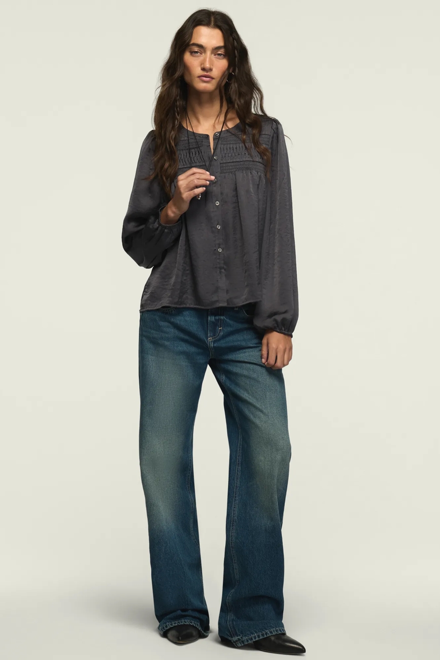LONG SLEEVE SATIN PINTUCK BLOUSE — NAVY — image 5
