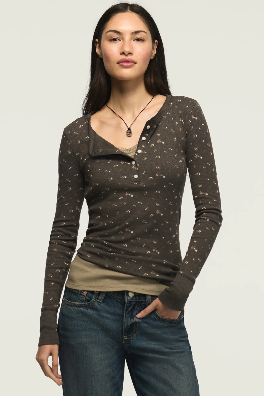 Long Sleeve Ribbed Henley — Black Floral — image 1