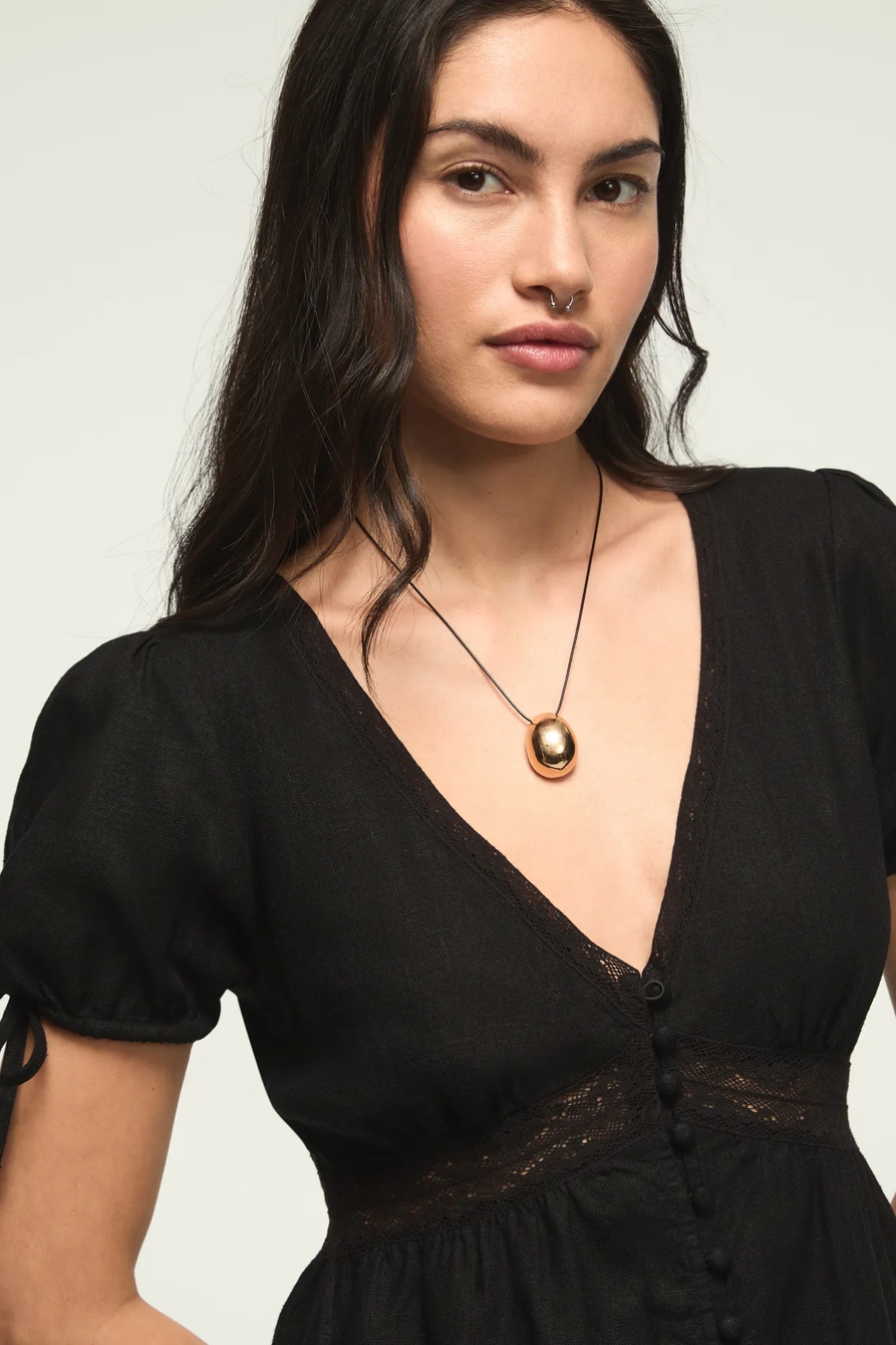 SHORT SLEEVE LACE BTTN THROUGH MINI DRESS — METEORITE — image 2
