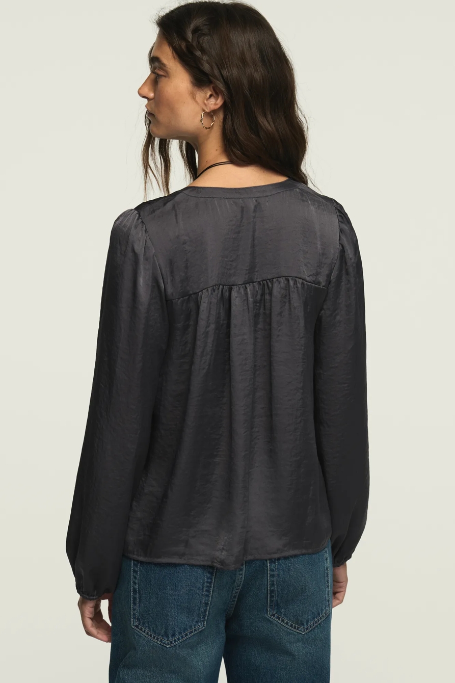 LONG SLEEVE SATIN PINTUCK BLOUSE — NAVY — image 3